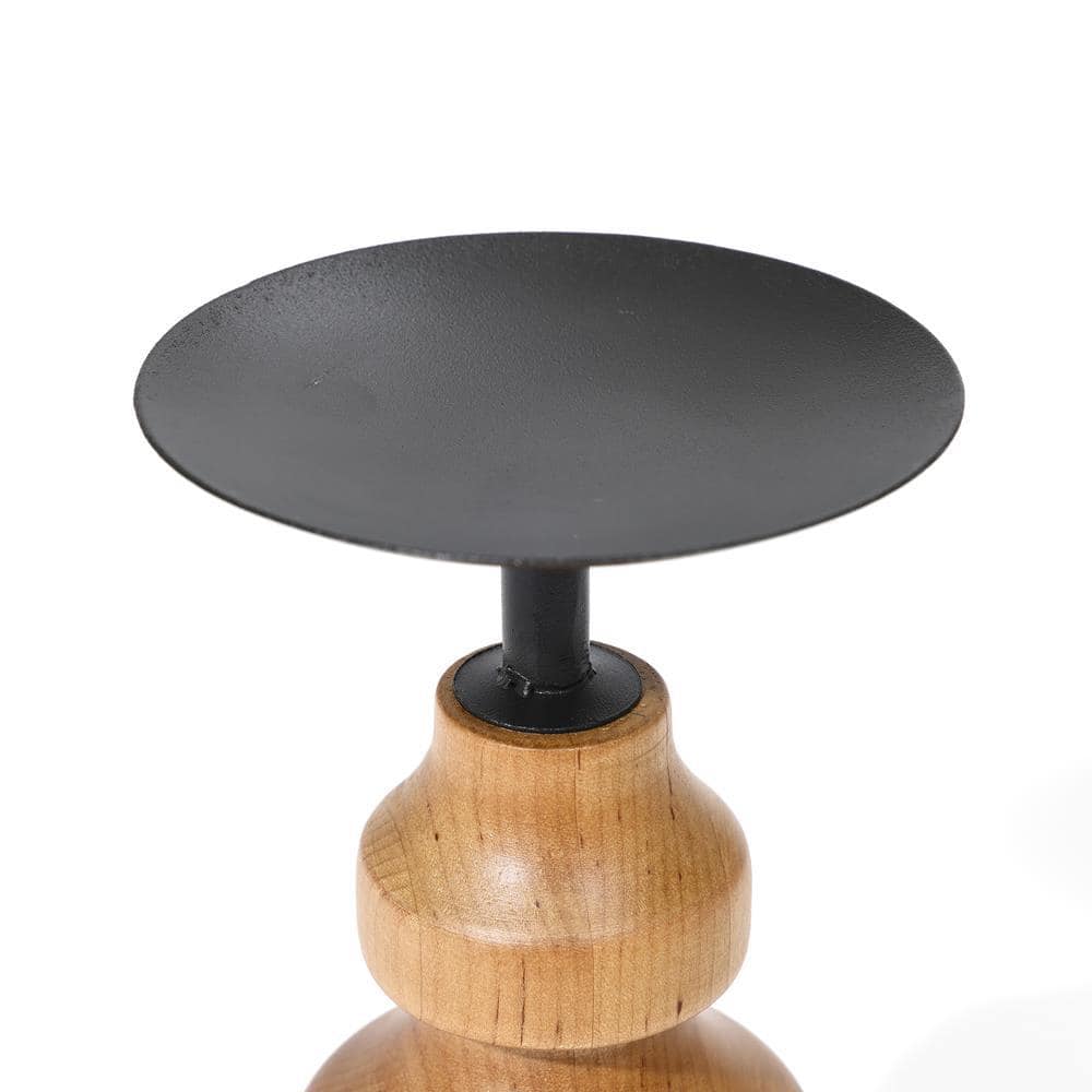 Birch Wood and Black Iron Pillar Candle Holder Set