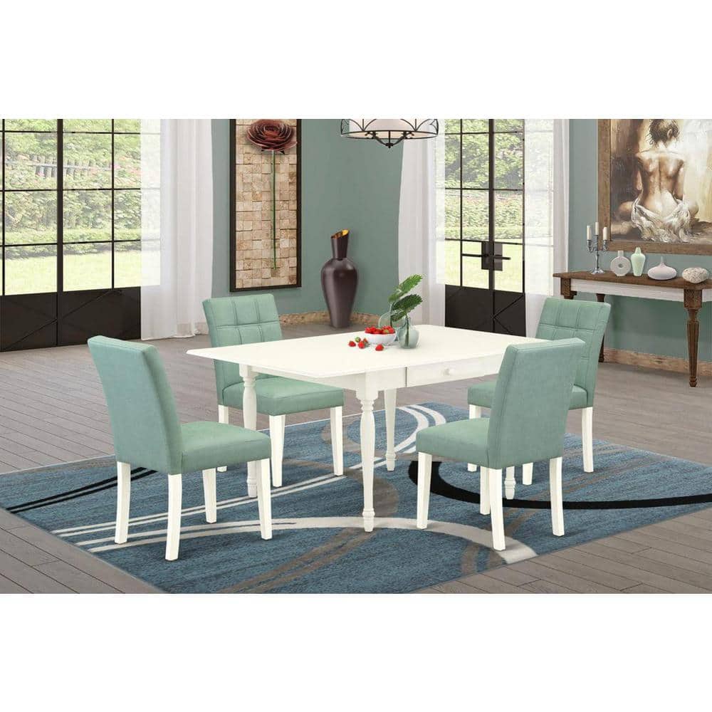 5-Piece Linen White Finish Solid Wood Top - Rectangular Dining Room Set with Dropleaf - Seats 4
