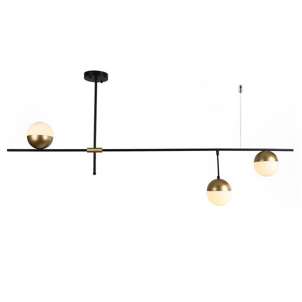 RRTYO Grandin 3-Light Black Sputnik Modern Linear Chandelier with White Globe Glass Shade