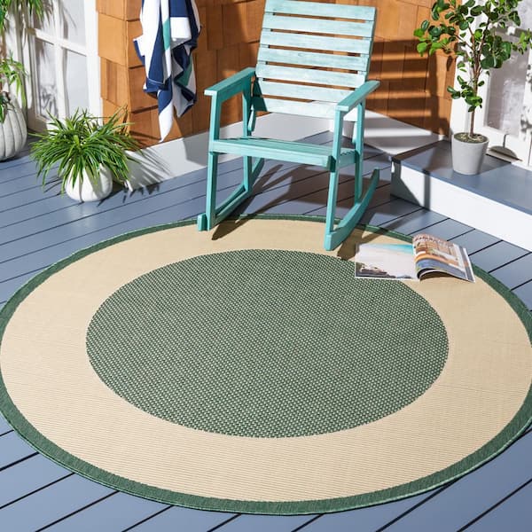 Courtyard Dark Green/Beige 7 ft. x 7 ft. Border Solid Color Indoor/Outdoor Round Area Rug