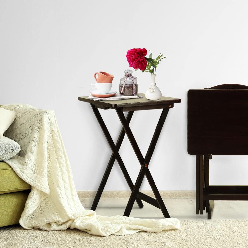 Pine Wood Espresso 5-Piece Tray Table Set with Stand