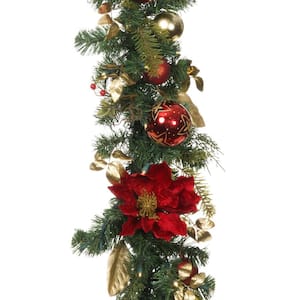 9 ft. Green Battery Operated Prelit LED Artificial Christmas Garland with Lights - Golden Leaf Red Magnolia