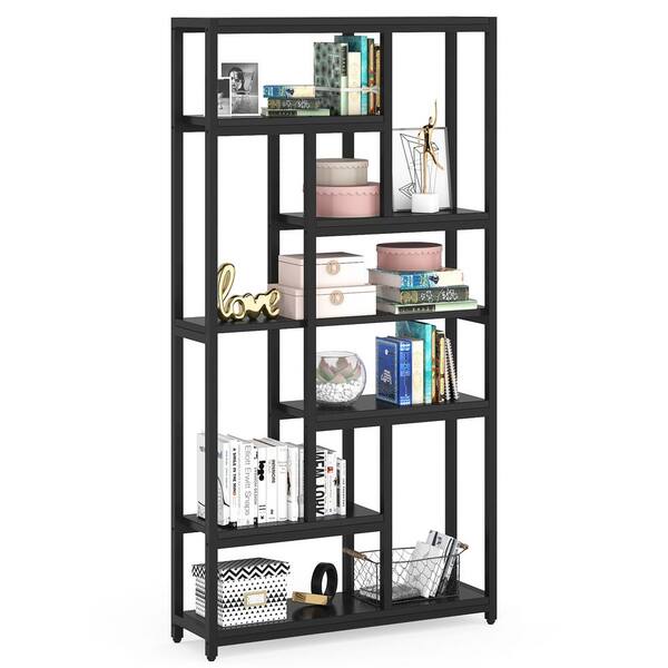 79 in. Black Engineered Wood 6-Open-Shelf Bookcase with Sturdy Metal F