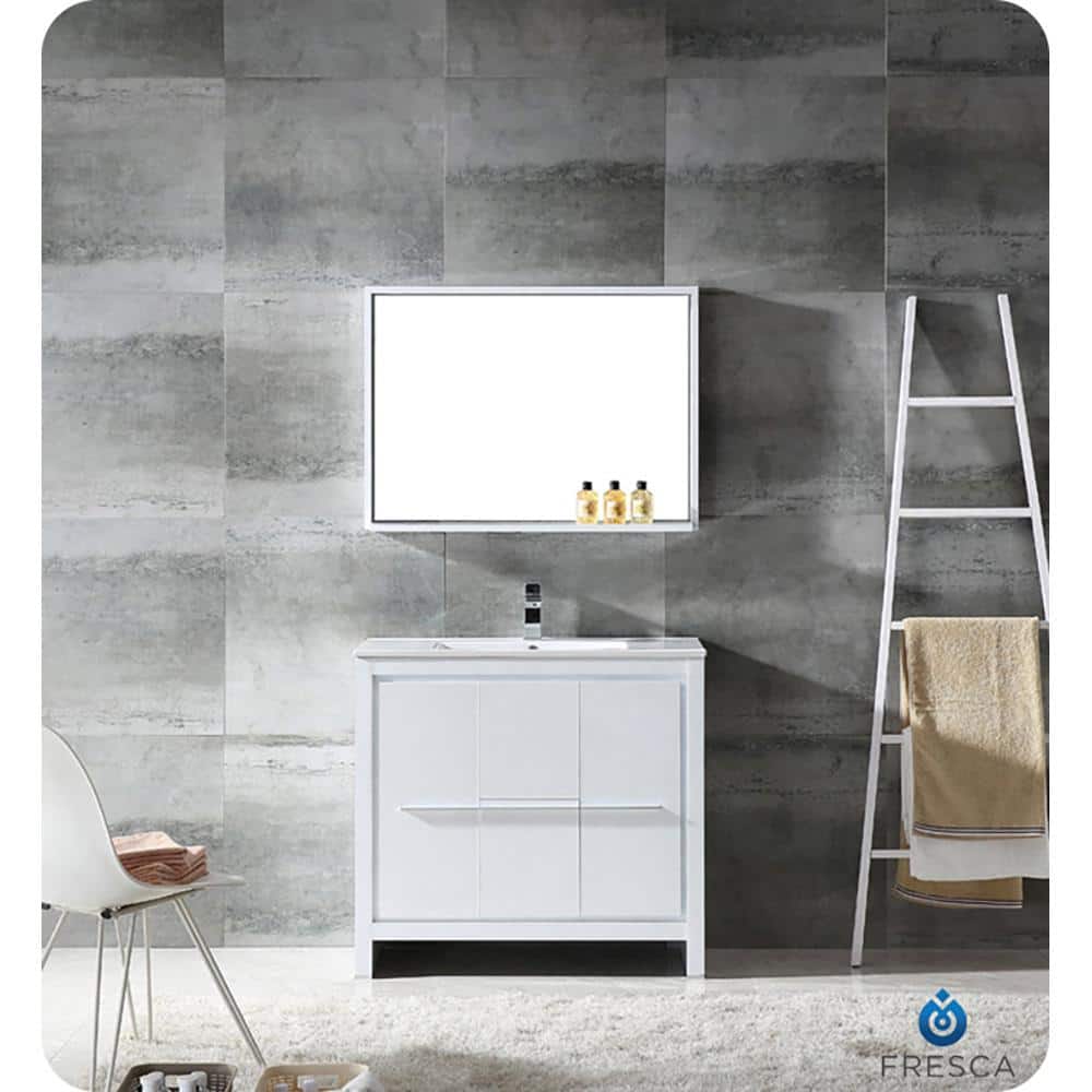 Sleek White Wood Rectangular Bathroom Vanity Mirror with Shelf