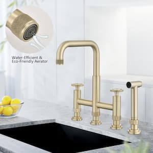 PLATO Double Handle Bridge Kitchen Faucet Side Spray Included in Brushed Gold