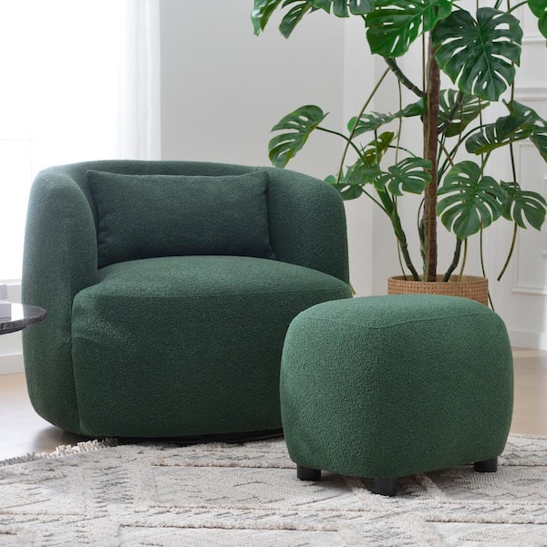 KINWELL Green Boucle Upholstered Footrest Round Ottoman