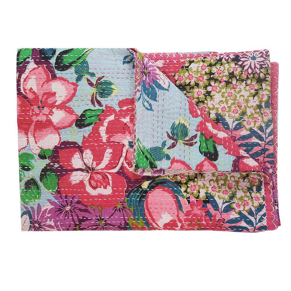 Hand-Stitched Multicolor Floral Cotton Throw Blanket