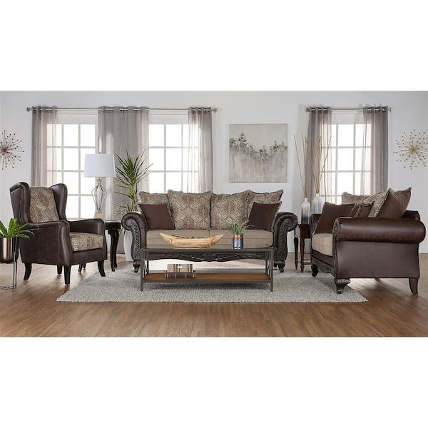 Elmbrook 71 in. Brown Leatherette Fabric 2-Seater Rolled Arm Loveseat
