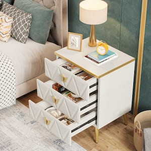Mayville 15.8 in. D x 19.7 in. W x 23.6 in. H 3-Drawers White Gold Nightstand Wooden Storage End Table