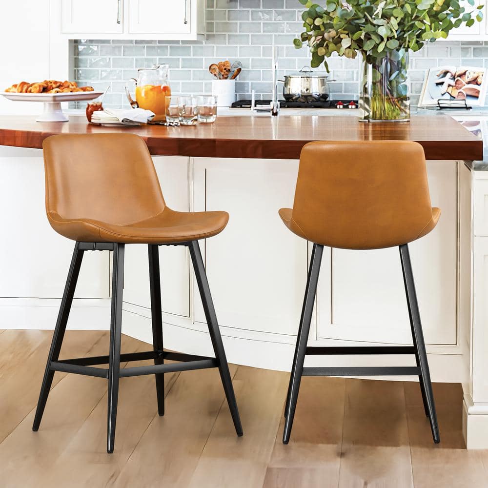 Tan Leather Faux Leather Counter Stools With Backs OrangeOne