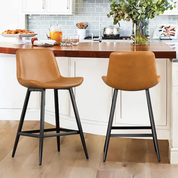 35 in. Whiskey Brown 24 in. Low Back Metal Frame Counter Height Bar Stool with Faux Leather Seat (Set of 2)