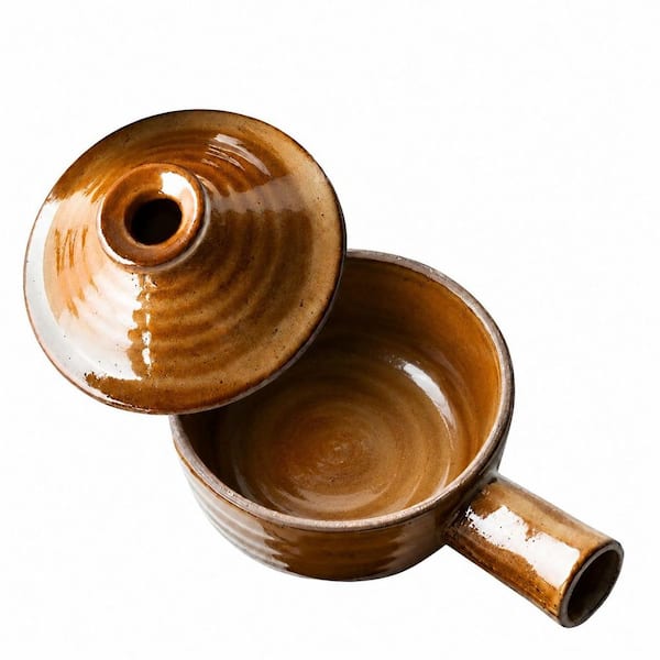 4.72 in. Brown Glaze Ceramic Microwave Egg Poacher with Dome Chimney Lid and Cool Handle, 12 oz