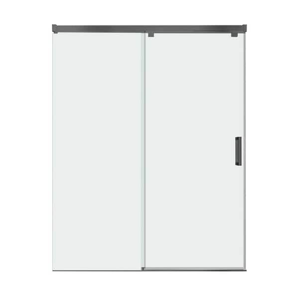WELLFOR 48 in. W x 76 in. H Sliding Semi-Frameless Shower Door in Matte Black with 5/16 in. Glass Aluminum Guide Rail