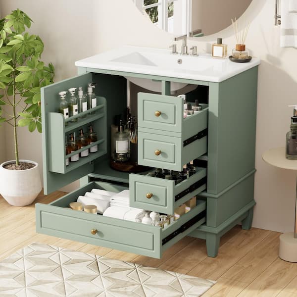 30 in. Single Sink Freestanding Light Green Bath Vanity with White Ceramic Top and 3 Drawer Storage Cabinet Unassembled