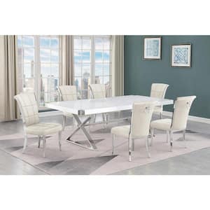 Miguel 7-Piece Rectangle White Wood Top Silver Stainless Steel Dining Set with 6 Cream Velvet Chairs