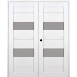 Berta 56 in. W. x 84 in. Right Active 2-Lite Frosted Glass Snow White Wood Composite Double Prehung Interior Door