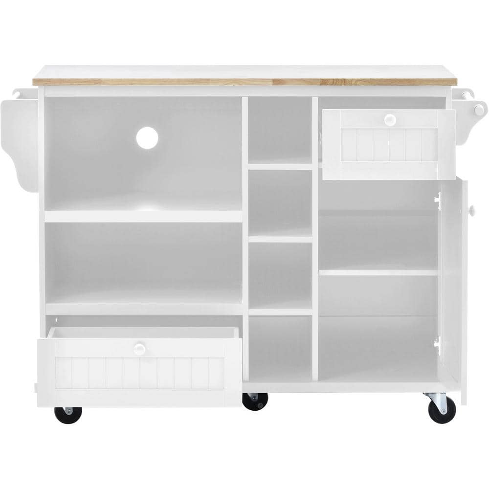 ANGELES HOME 50 in. W x 36 in. H White Rubber Wood Kitchen Cart Island with Storage Cabinet, Two Locking Wheels