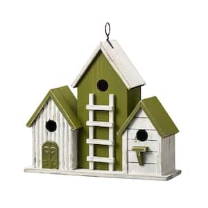 14.75 in.L Oversized Washed Green Distressed Solid Wood 3-Room Villa Garden Birdhouse with 3D Ladder