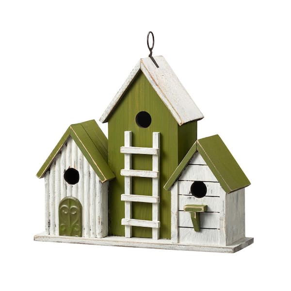 Glitzhome 14.75 in.L Oversized Washed Green Distressed Solid Wood 3-Room Villa Garden Birdhouse with 3D Ladder