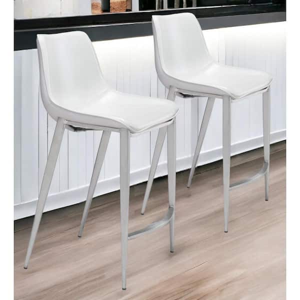 HomeRoots 25.8 in. White Low Back Metal Counter Height Bar Chair with Upholstery Seat Set of 2