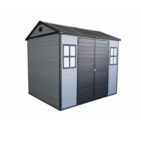 Titus 8 ft. W x 6 ft. D Grey+Black Resin Outdoor Patio Storage Shed with Floor, Windows, Lockable Door (45.18 sq. ft. )