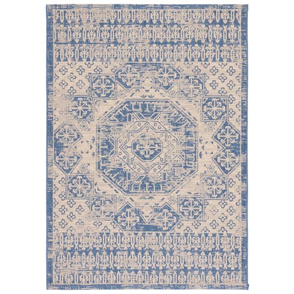 Courtyard Beige/Blue 7 ft. x 10 ft. Aztec Medallion Indoor/Outdoor Area Rug