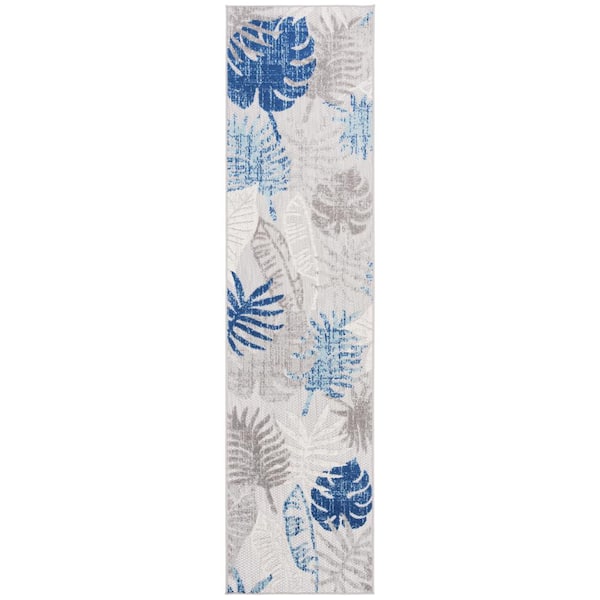 Cabana Gray/Blue 2 ft. x 6 ft. Geometric Leaf Indoor/Outdoor Patio  Runner Rug