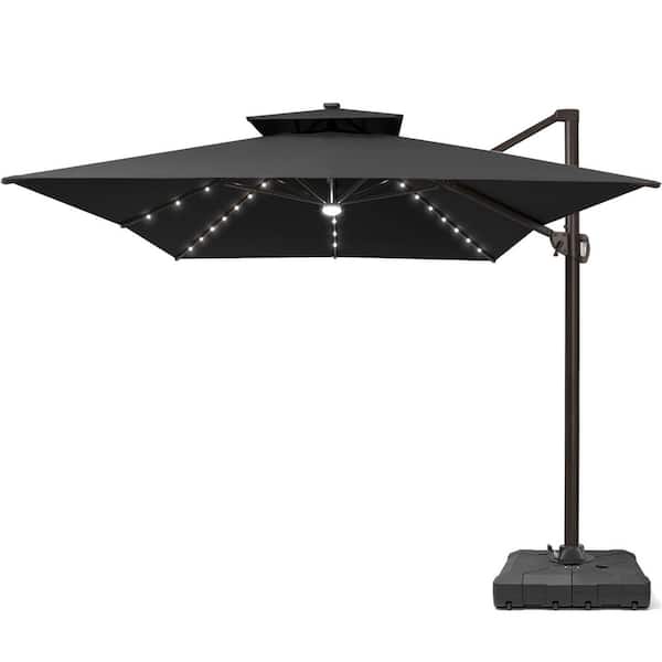 2-Tier Top 13 ft. x 10 ft. Solar LED Lighted Cantilever 360° Rotation Patio Umbrella in Black with 260lbs. Umbrella Base