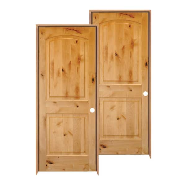 Krosswood Doors 24 in. x 80 in. Rustic Knotty Alder 2-Panel Top Rail Arch Solid Wood Left-Hand Single Prehung Interior Door (2-Pack)