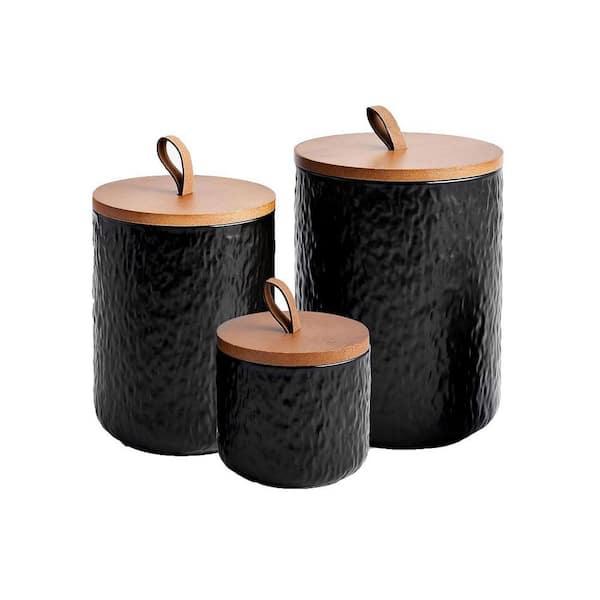 Black 3-Piece Ceramic Food Storage Canister Set with Airtight Wooden Lids Stone Texture for Kitchen Counter
