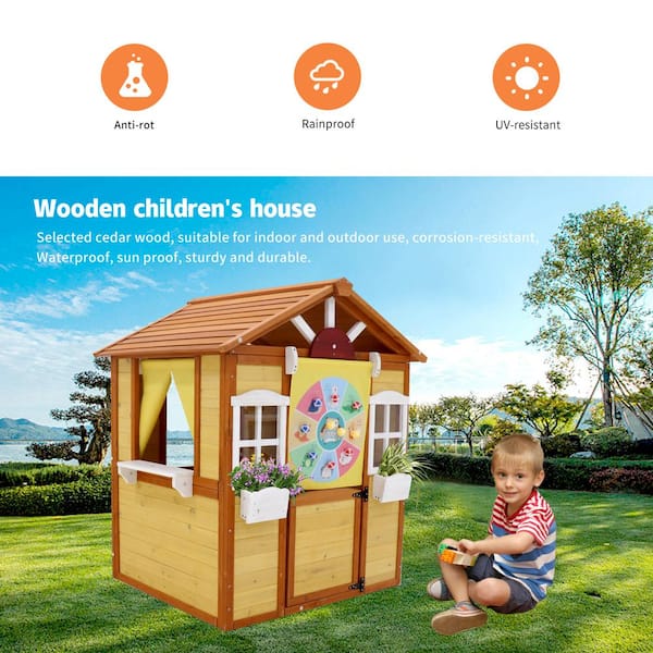 39 in. L x 39 in. W x 51 in. H Kids Wooden Playhouse Children Game House 2-Windows and Flowerpot Holder Outdoor in Brown