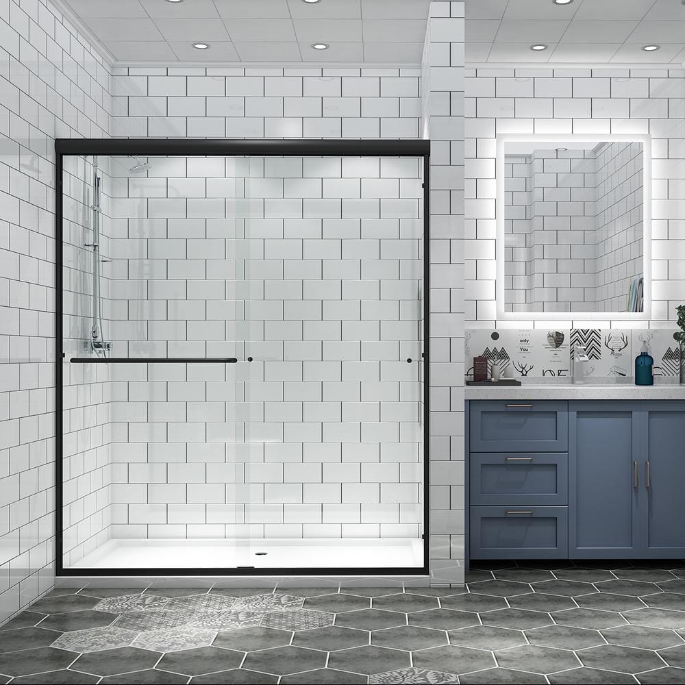 60" Matte Black Sliding Shower Door with Clear Glass