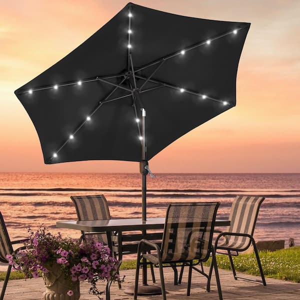 black patio umbrella with solar lights SANLUCE 7.5 ft. LED Round Patio Umbrella with UV Protection, Easy Tilt, and Wind-Resistant Features in Black