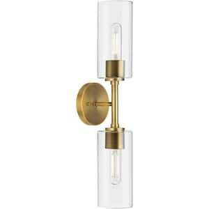 Cofield Collection 22-1/2 in. 2-Light Vintage Brass Transitional Wall Bracket with Clear Glass Shades