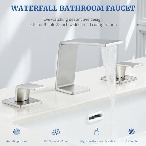 8 in. Widespread Double Handles Waterfall Spout Bathroom Faucet with Pop Up Drain Kit in Brushed Nickel