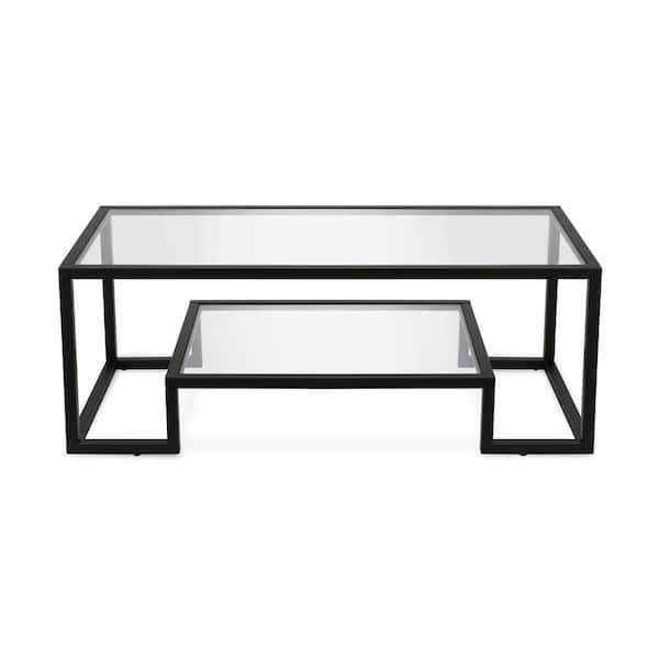 HomeRoots 45 in. Black Rectangle Glass Coffee Table with Shelves;Storage