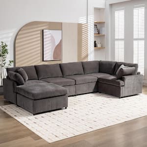 100 in. W Square Arm Polyester U-Shape Sectional Sofa in Gray with 4 Pillows, Removable Ottoman