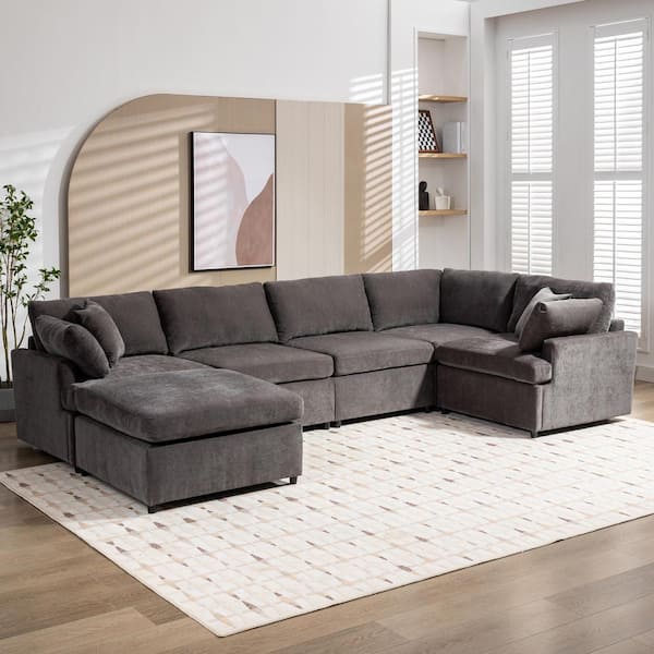Harper & Bright Designs 100 in. W Square Arm Polyester U-Shape Sectional Sofa in Gray with 4 Pillows, Removable Ottoman