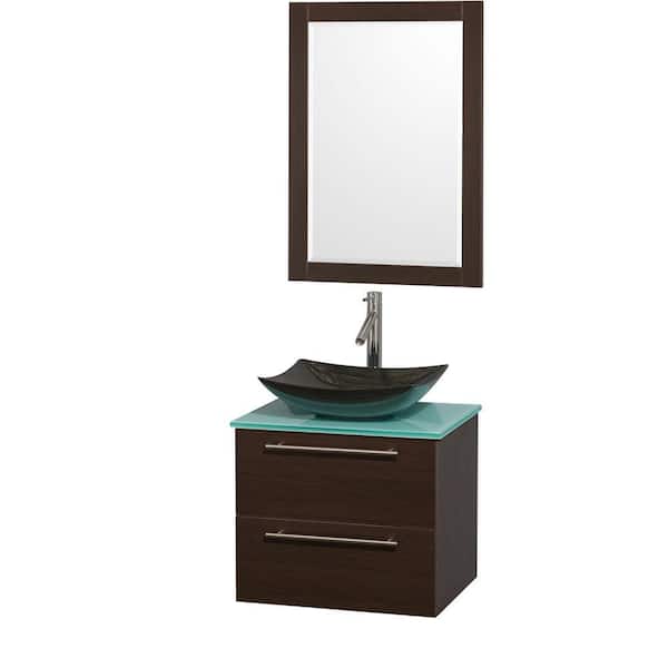 Wyndham Collection Amare 24 in. Vanity in Espresso with Glass Vanity Top in Green, Granite Sink and 24 in. Mirror