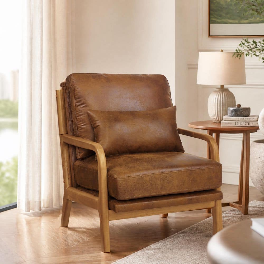 Mid-Century Modern Light Brown Fabric Accent Arm Chair with Solid Wood Frame and Cushions