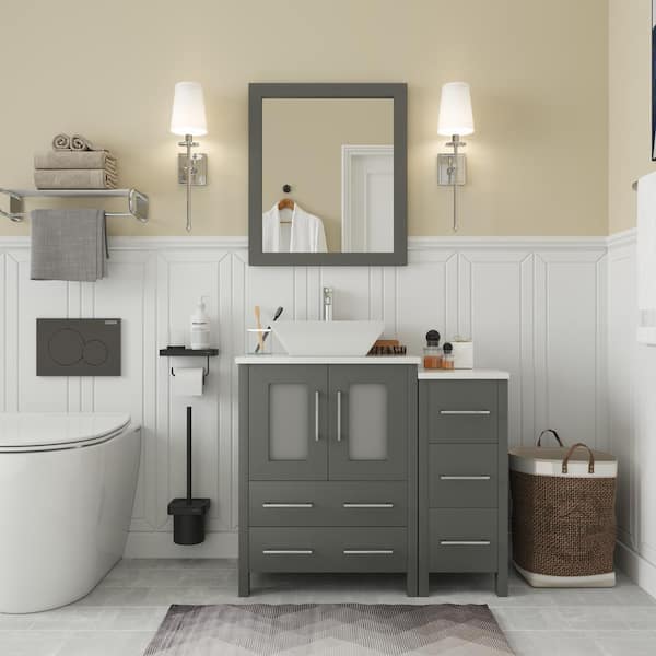 Vanity Art Ravenna 36 in. W Bathroom Vanity in Grey with Single Basin in White Engineered Marble Top and Mirror