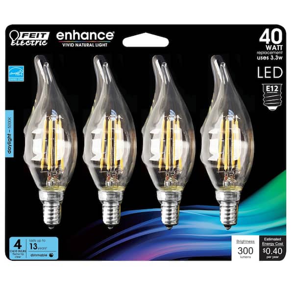 Feit Electric 40-Watt Equivalent CA10 Candelabra Dimmable Filament CEC Clear Chandelier E12 LED Light Bulb, Daylight 5000K (4-Pack) BPCFC40950CAFIL/4/RP