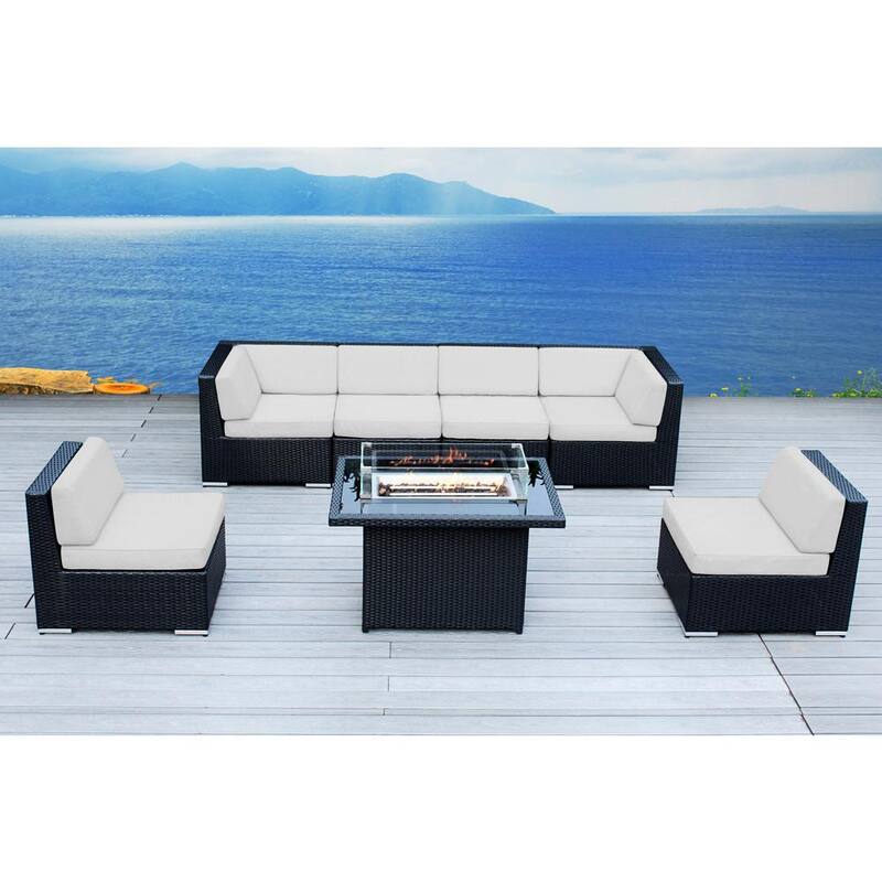 Ohana Black 7 -Piece Wicker Patio Fire Pit Seating Set with Sunbrella Natural Cushions