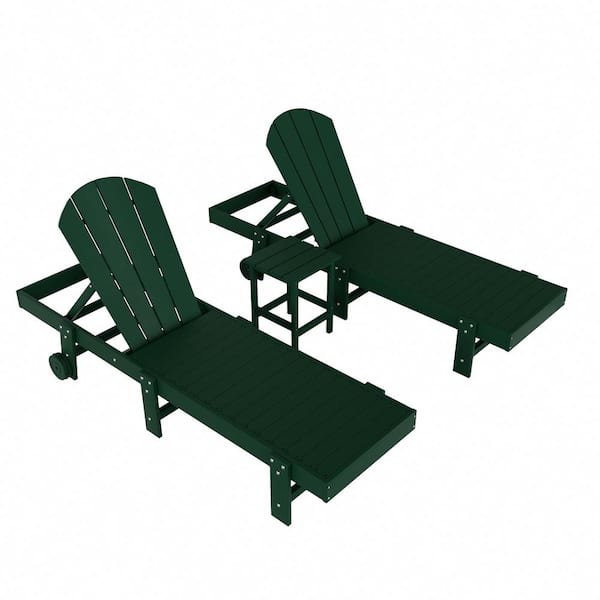 WESTIN OUTDOOR Laguna 3-Piece Outdoor Patio Adjustable HDPE Reclining Adirondack Chaise Lounger with Wheels, Side Table Set, Dark Green