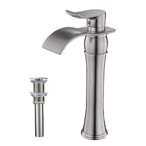 Single Handle Single Hole Waterfall Bathroom Vessel Sink Faucet with Pop-up Drain Assembly in Brushed Nickel