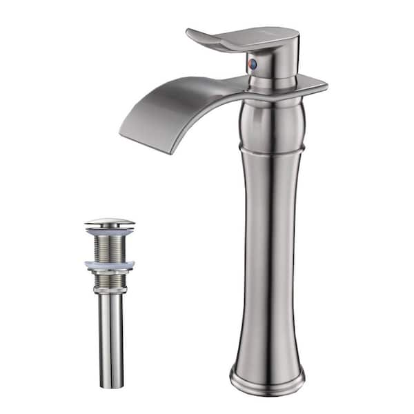 FORCLOVER Single Handle Single Hole Waterfall Bathroom Vessel Sink Faucet with Pop-up Drain Assembly in Brushed Nickel