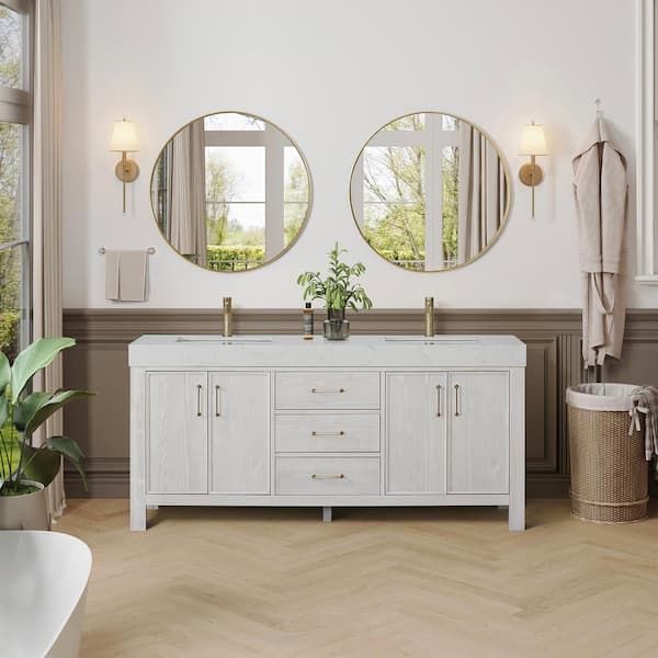 ROSWELL Leon 72 in. W x 22 in. D x 34 in. H Double Bath Vanity in Washed White with White Composite Stone Top and Mirror