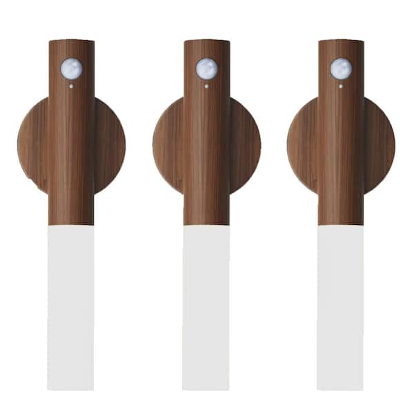 EKIEUDL Versatile Lighting Rechargeable 1-Light Wooden Brown LED Wall Sconce with Motion Sensor in Warm White 3-Pack