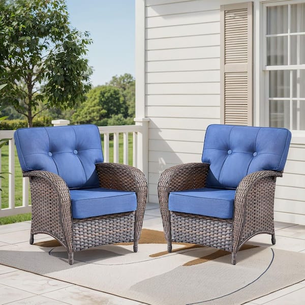 Modern Seaside Series 2-Piece Patio Wicker Outdoor Lounge Chair with Blue Cushions