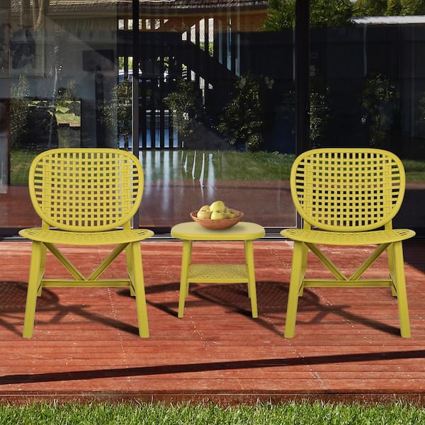 Unbranded 3-Piece Hollow Design Retro Yellow Plastic Patio Conversation Set with Side Table for Balcony Garden Yard